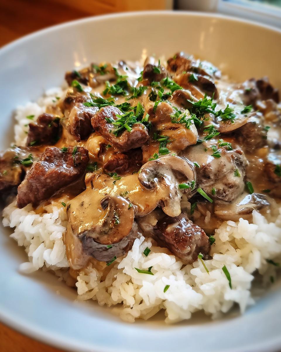 Nahaufnahme von Russisches Stroganoff mit Reis, bedeckt mit cremiger Soße, Pilzen und Schnittlauch.