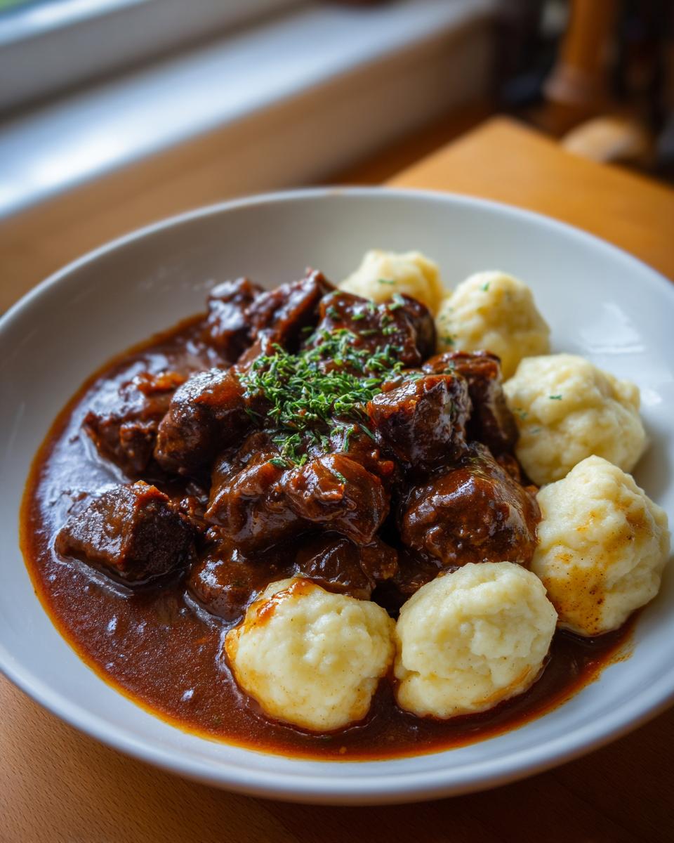 Ein Teller mit dunklem, saftigem Saftgulasch und fluffigen Butternockerl, garniert mit frischen Kräutern.