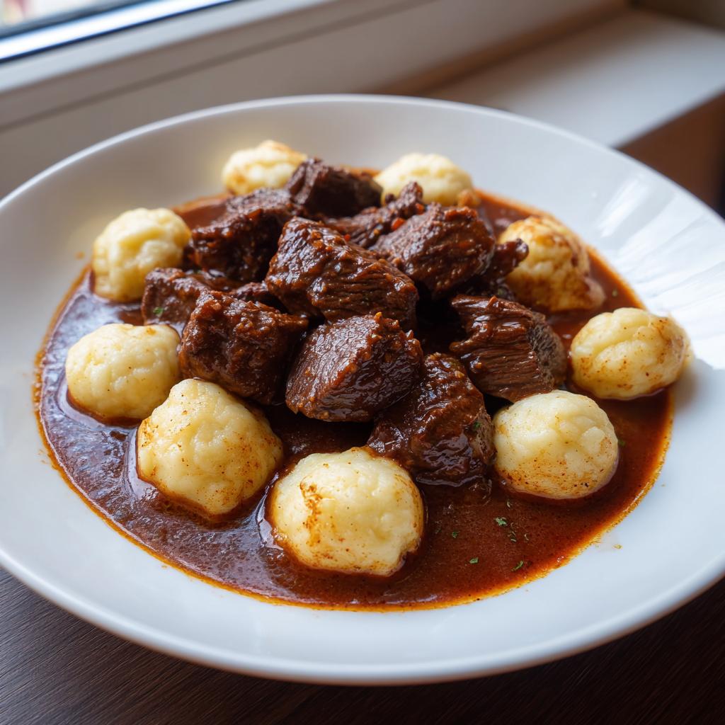 Ein Teller mit saftigem Saftgulasch und fluffigen Butternockerl, umgeben von dunkler Sauce.