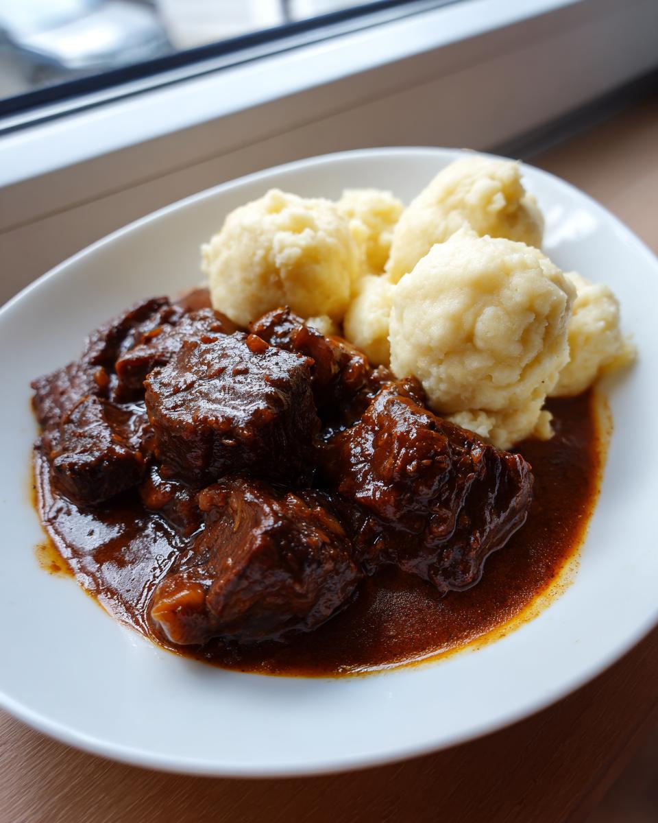 Ein Teller mit saftigem Saftgulasch mit Butternockerl, angerichtet vor einem hellen Fenster.
