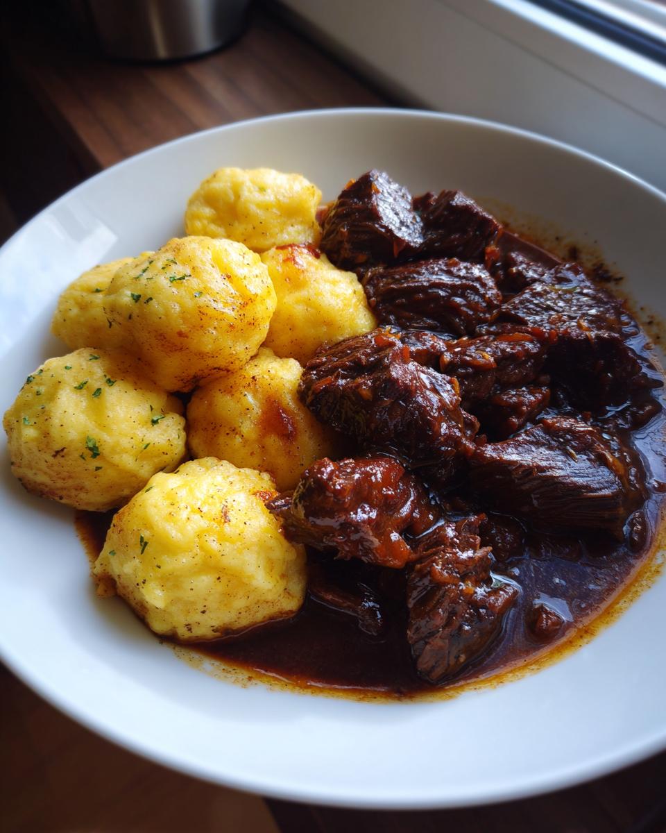 Ein Teller mit dunklem, saftigem Saftgulasch und fluffigen, gelben Butternockerl.