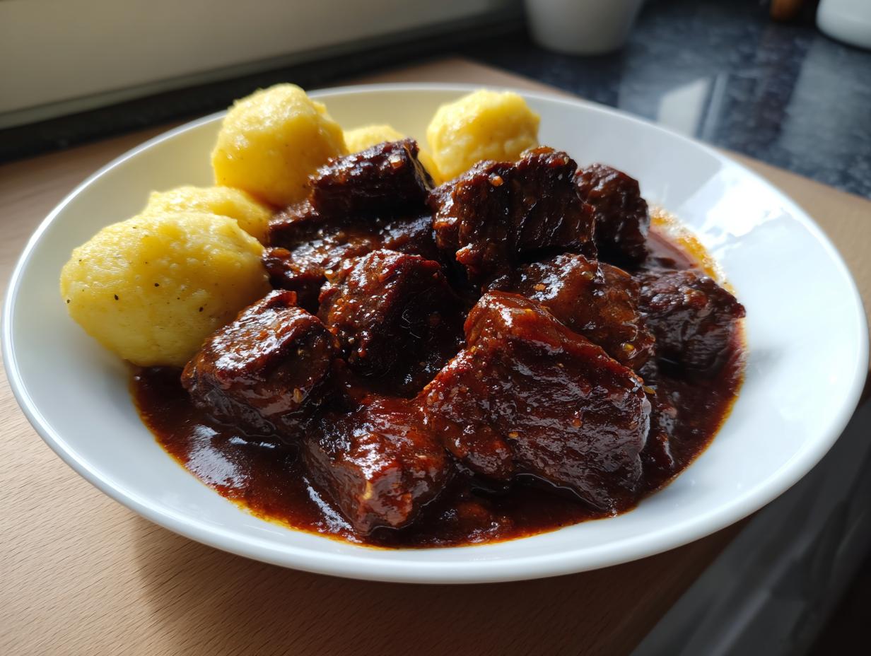 Nahaufnahme von saftigem Saftgulasch mit dunkler Soße und fluffigen Butternockerl auf einem weißen Teller.