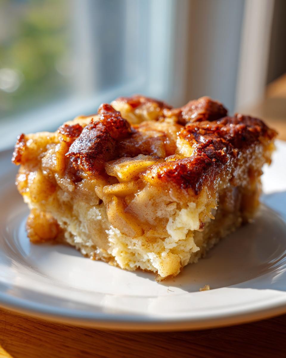 Nahaufnahme eines saftigen Stücks Apfel-Zimt-Auflauf mit karamellisierten Äpfeln und Zimt auf einem weißen Teller.