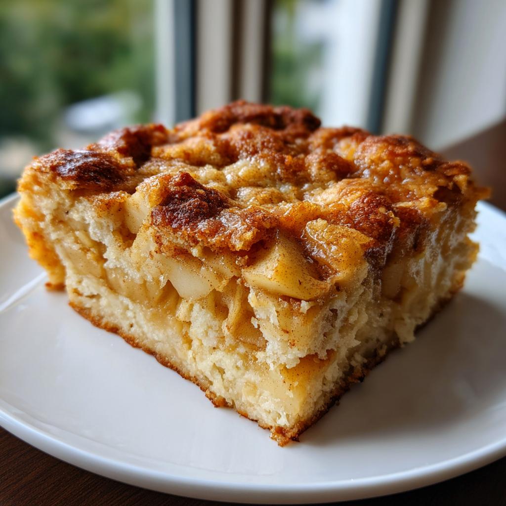Ein großes, saftiges Stück Apfel-Zimt-Auflauf mit goldbrauner Kruste auf einem weißen Teller.
