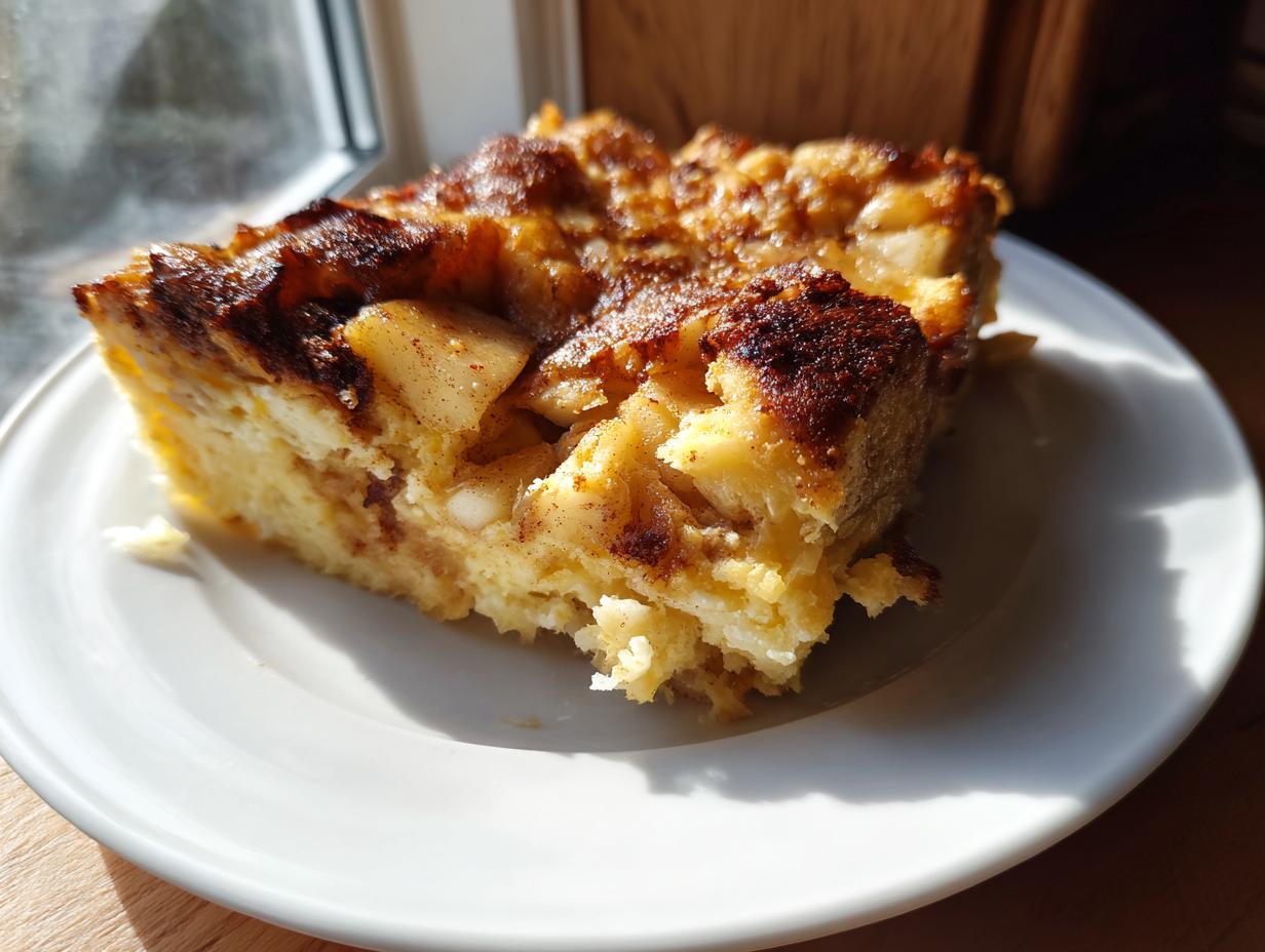 Ein appetitliches Stück Apfel-Zimt-Auflauf mit karamellisierter Zimtkruste auf einem weißen Teller.