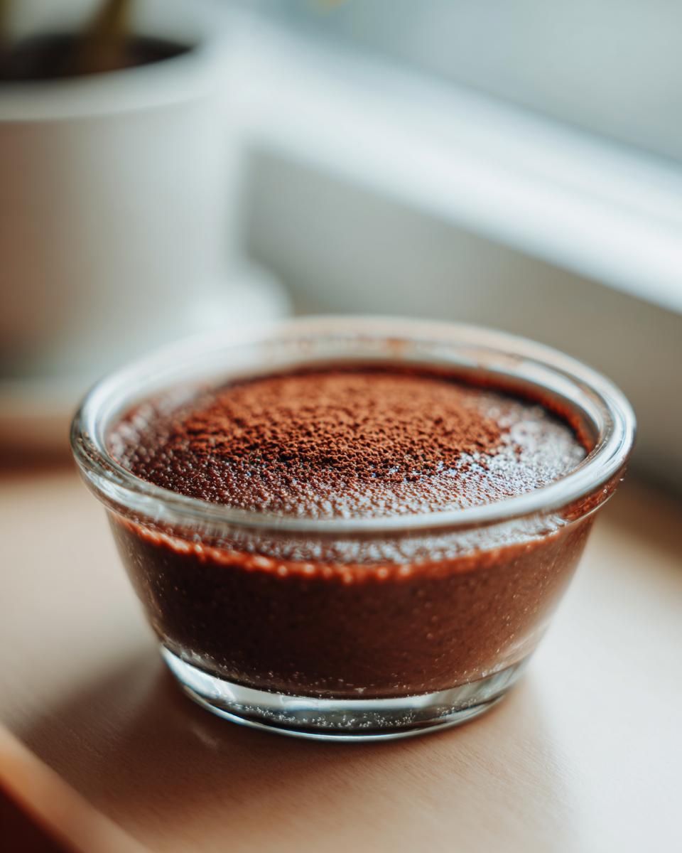 Nahaufnahme eines cremigen Schoko-Grießdesserts, bestäubt mit Kakaopulver, in einem kleinen Glas.