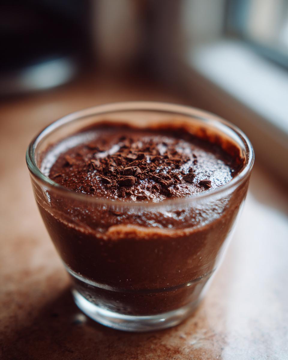 Nahaufnahme eines cremigen Schoko-Grießdessert im Glas, garniert mit dunklen Schokostreuseln.