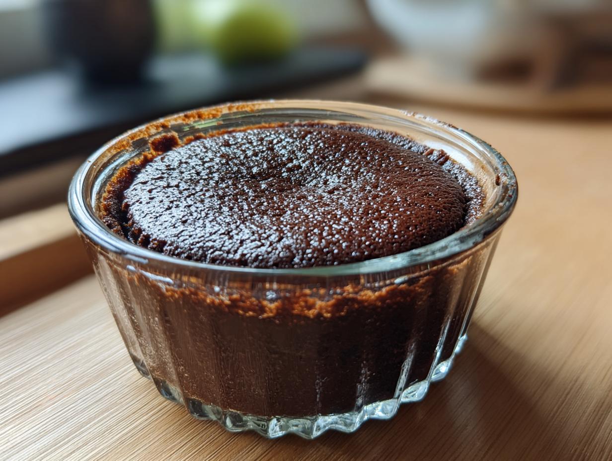Nahaufnahme eines dunkelbraunen, gebackenen Schoko-Grießdessert in einer geriffelten Glasschale.
