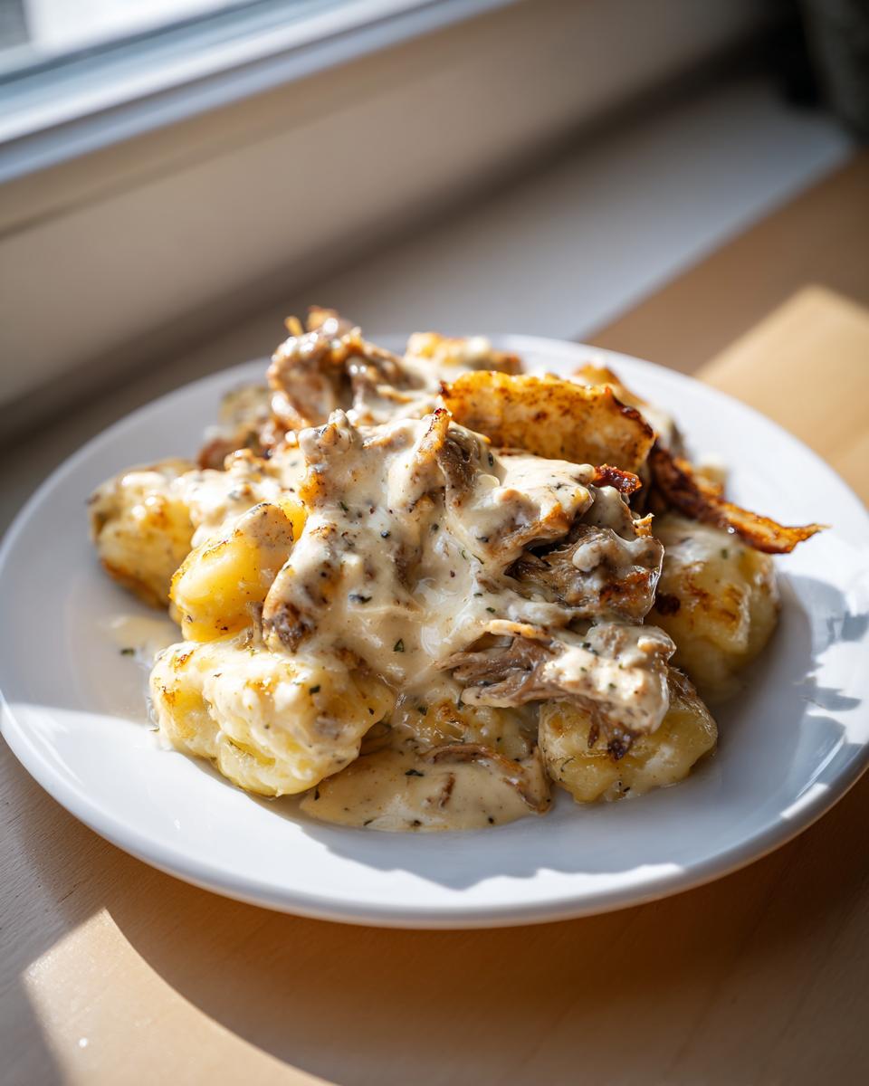Teller mit goldbraunen Schupfnudeln, bedeckt mit Gyrosfleisch und cremiger Sahnesoße.