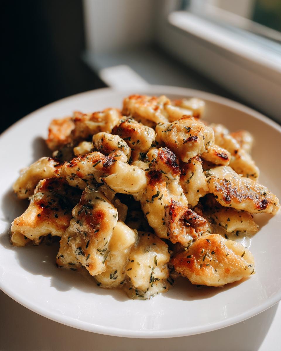 Teller mit goldbraun gebratenen Schupfnudeln, bedeckt mit einer cremigen Sauce und Kräutern.