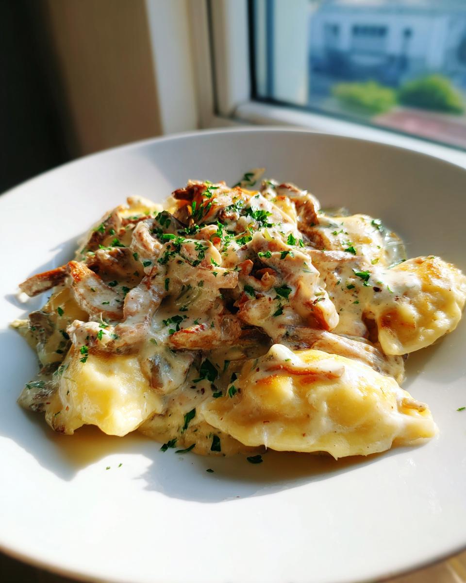 Nahaufnahme von Schupfnudeln mit Gyros und cremiger Sahnesoße, bestreut mit Petersilie.