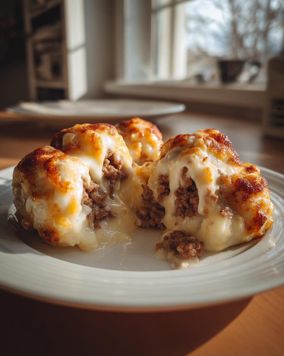 Ein Teller mit Schupfnudeln mit Hackfleisch in Käserahm, die Käsesauce läuft cremig heraus.