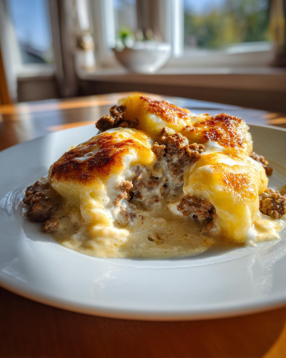 Nahaufnahme von Schupfnudeln mit Hackfleisch in Käserahm, goldbraun überbacken auf einem weißen Teller.
