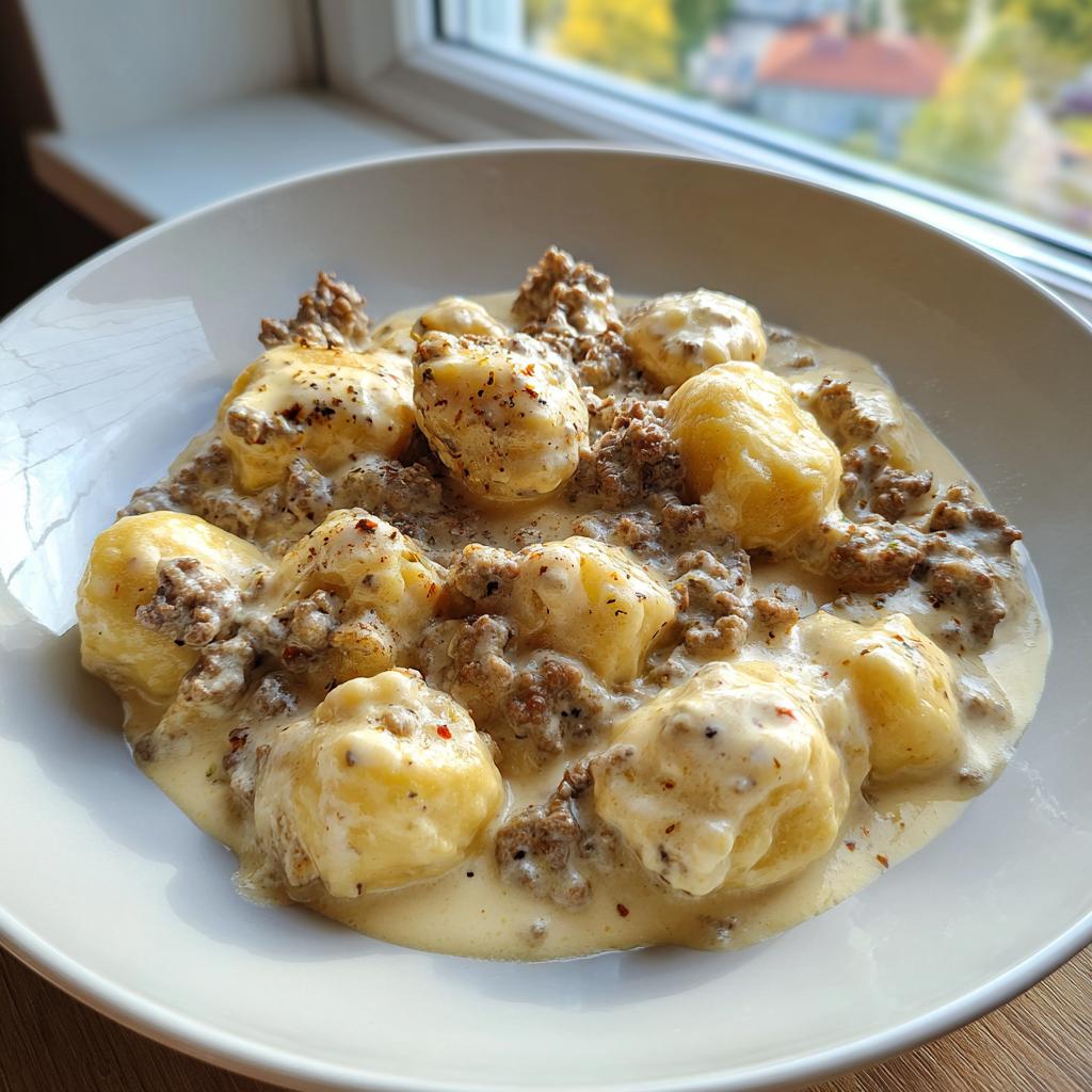Eine Schüssel mit cremigen Schupfnudeln mit Hackfleisch in Käserahm, appetitlich angerichtet.