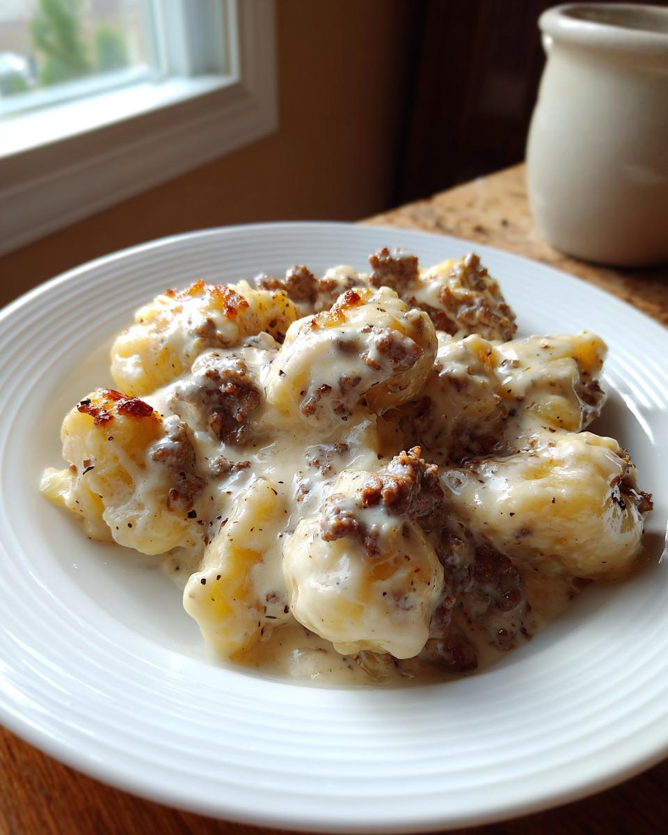 Nahaufnahme von Schupfnudeln mit Hackfleisch in cremiger Käsesoße auf einem weißen Teller.