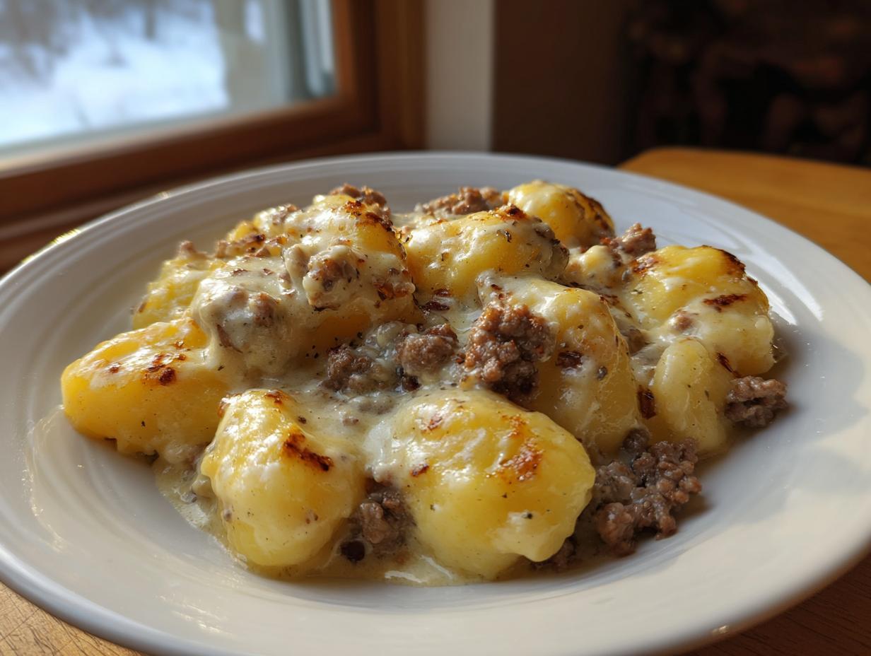 Ein Teller mit goldbraunen Schupfnudeln, bedeckt mit Hackfleisch und cremigem Käserahm, leicht überbacken.