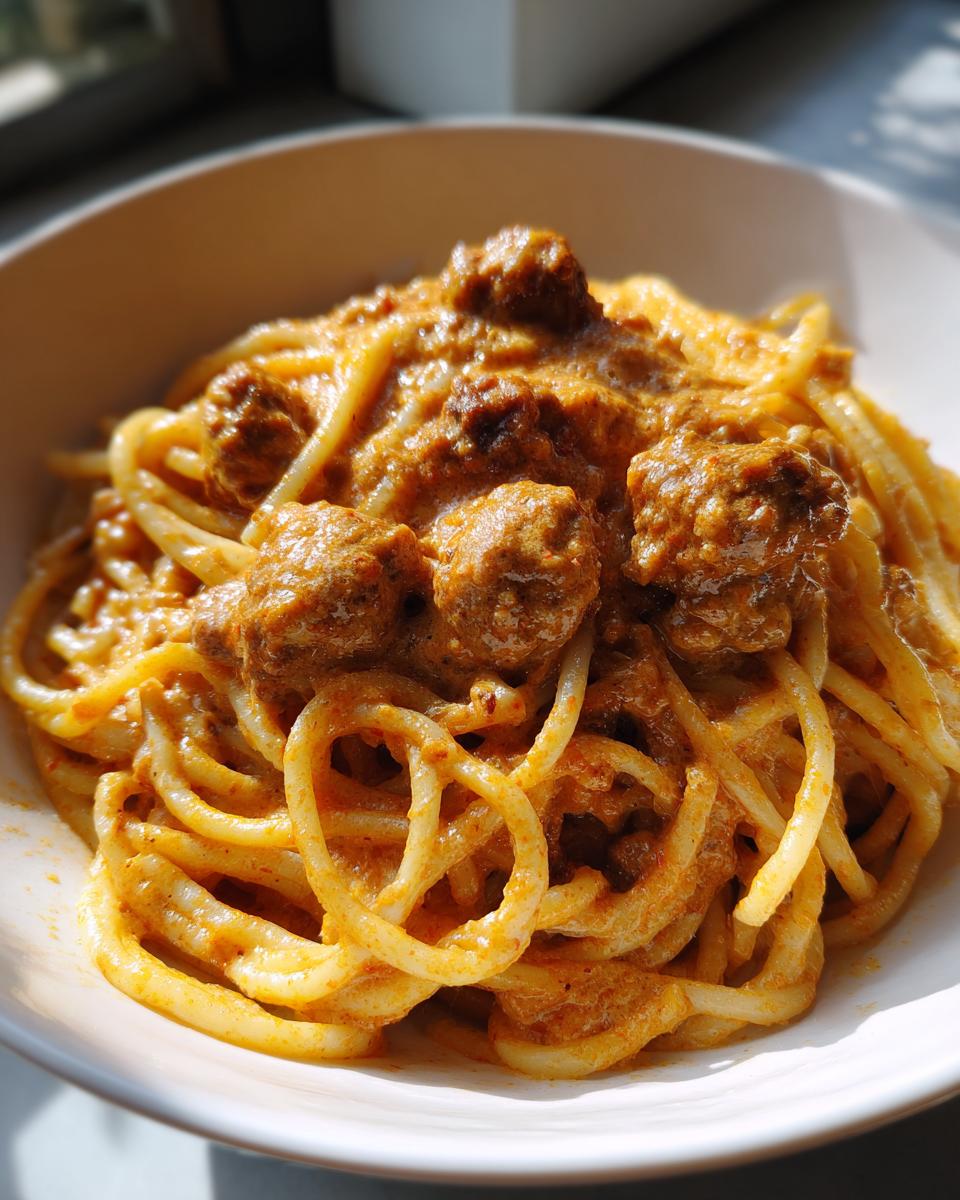 Nahaufnahme von Schupfnudeln mit Hackfleisch und cremiger Sahnesauce in einer weißen Schüssel.