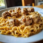 Teller mit Schupfnudeln mit Hackfleisch und reichlich cremiger Sahnesauce.