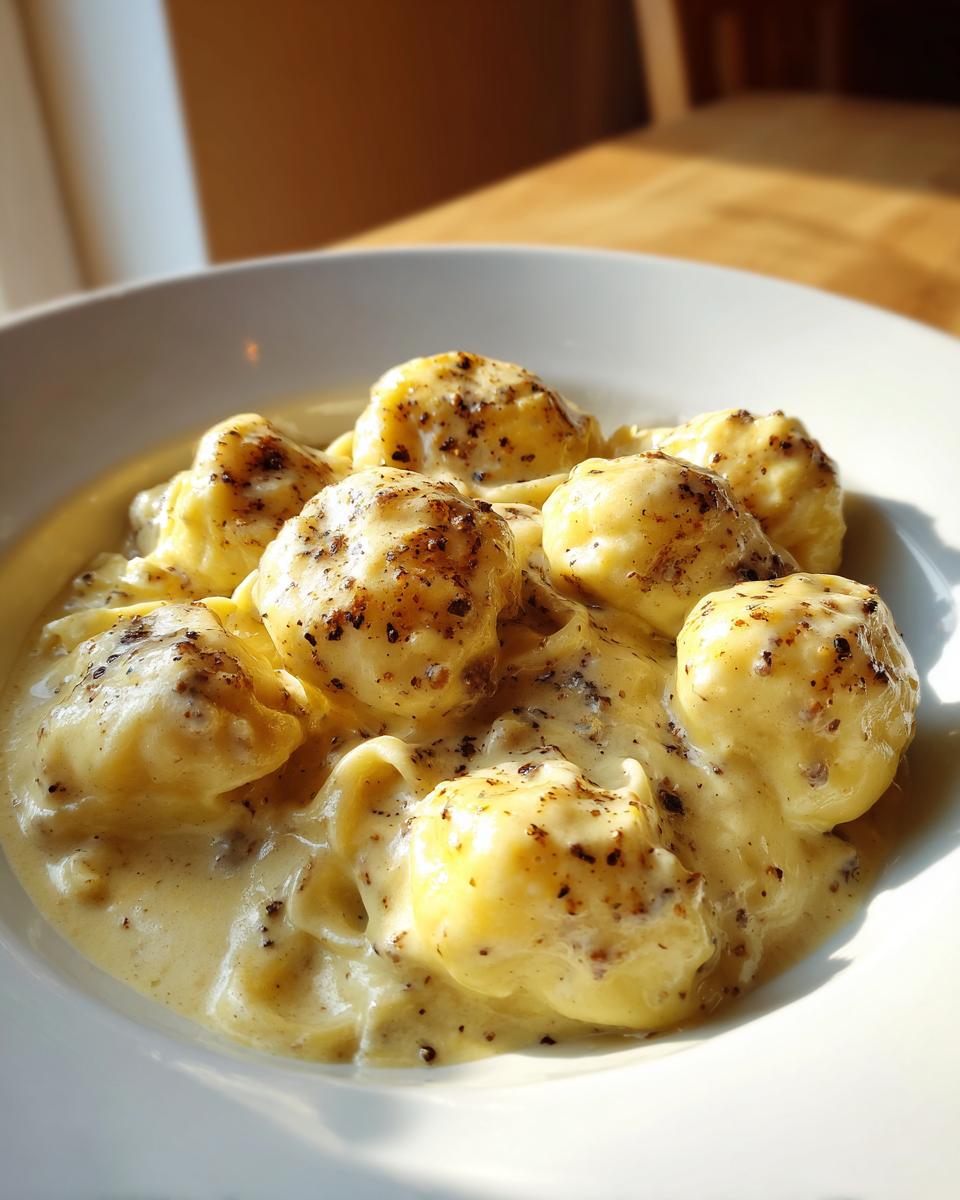 Nahaufnahme von Schupfnudeln mit Hackfleisch, übergossen mit einer cremigen Sahnesauce und bestreut mit dunklen Gewürzen.