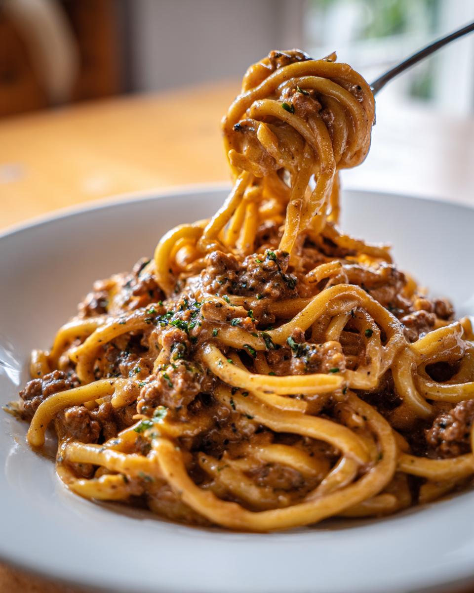 Nahaufnahme von cremigen Schupfnudeln mit Hackfleisch und Sahnesauce, die auf einer Gabel hochgezogen werden.