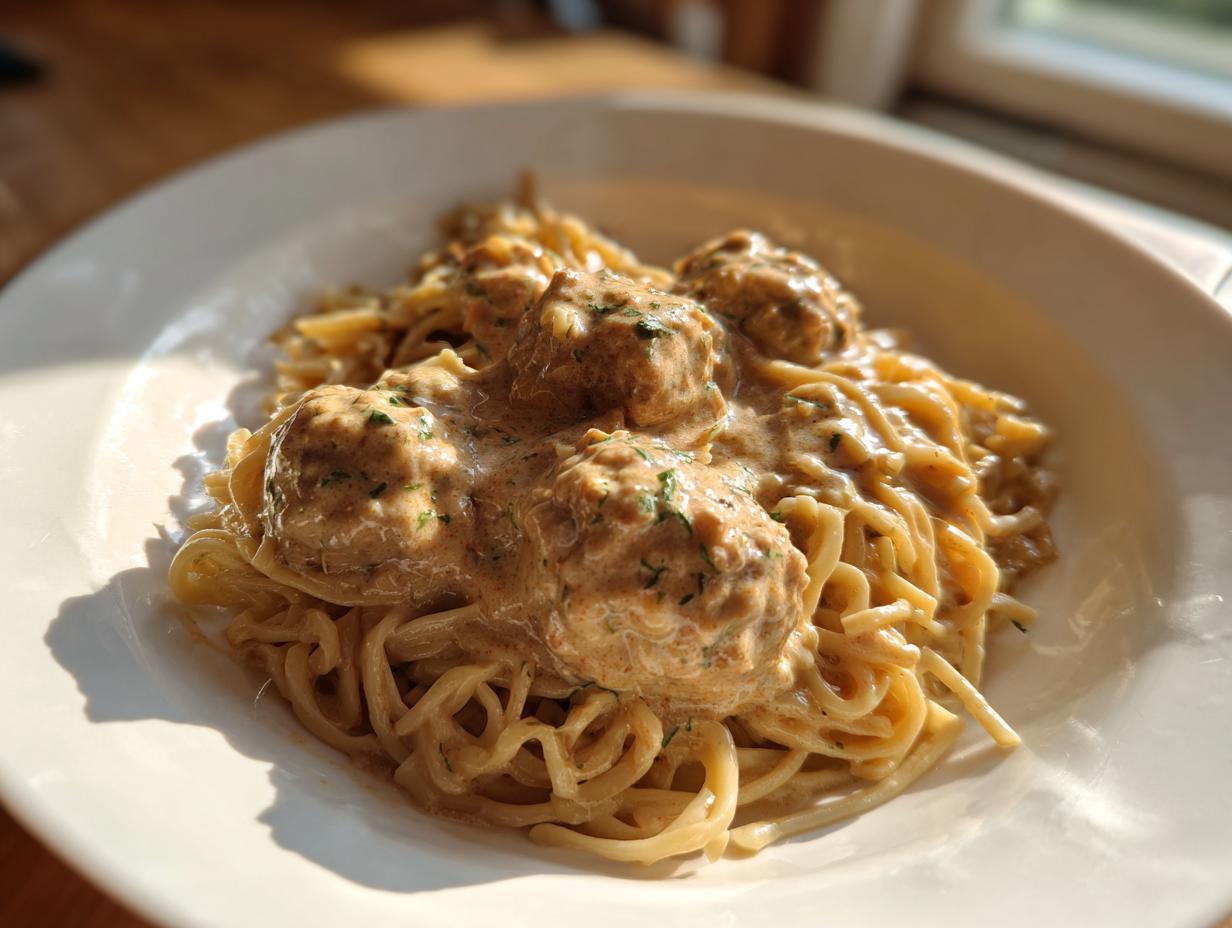 Teller mit Schupfnudeln mit Hackfleisch und cremiger Sahnesauce, appetitlich angerichtet.