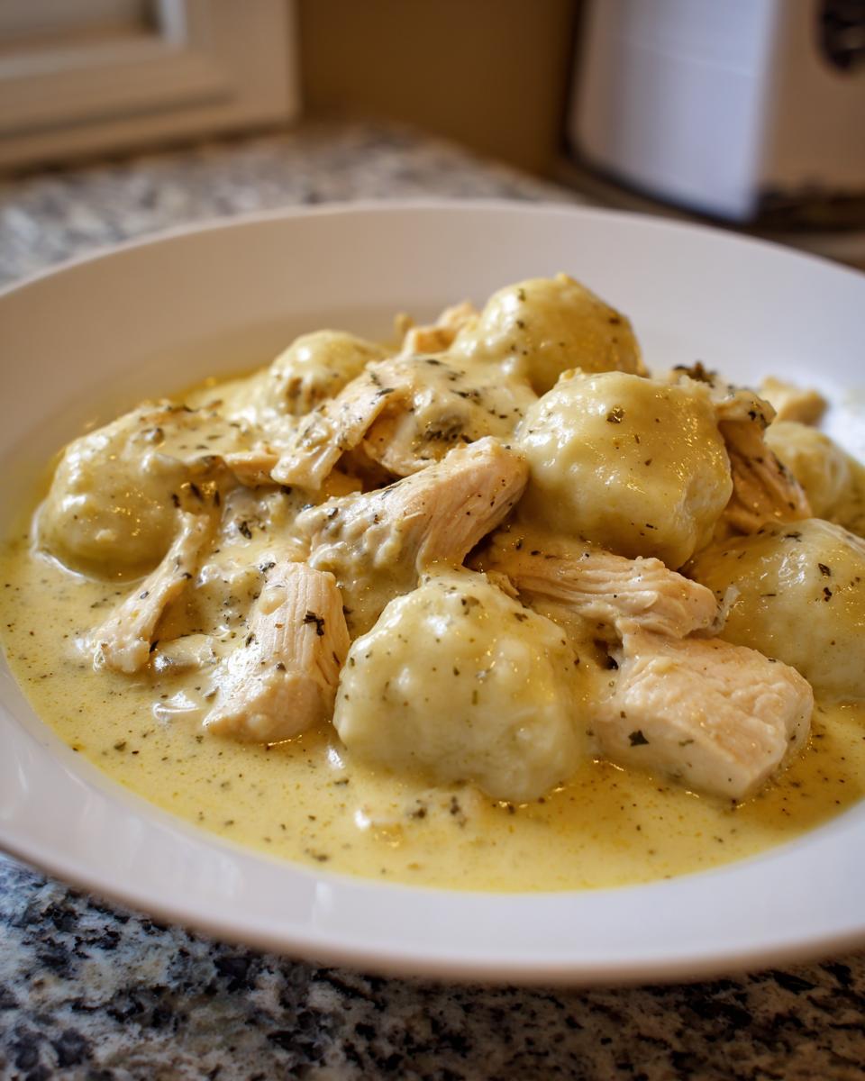 Teller mit Schupfnudeln mit Hähnchen in Knoblauchrahm, üppig bedeckt mit cremiger Soße und Kräutern.