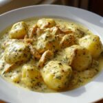 Nahaufnahme von Schupfnudeln mit Hähnchen in einer cremigen Knoblauchrahmsoße, garniert mit Kräutern.