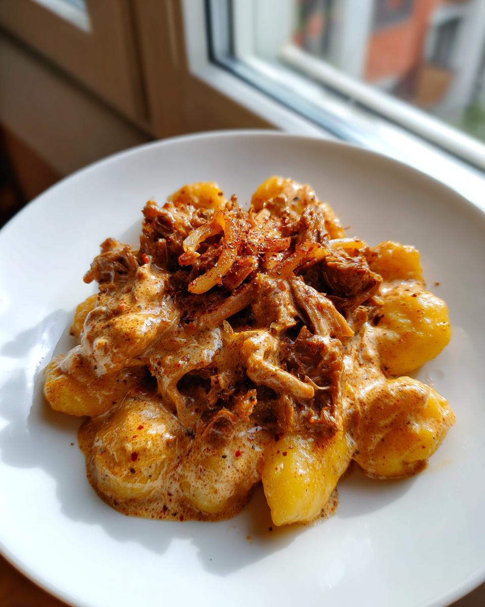 Ein Teller mit cremigen Schupfnudeln mit Gyros und Sahne, garniert mit Röstzwiebeln.