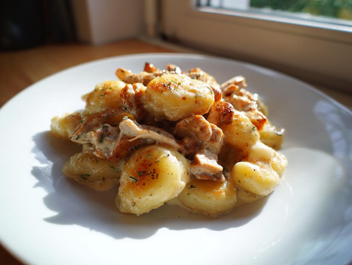 Ein Teller mit goldbraun gebratenen Schupfnudeln mit Gyros und cremiger Sahnesoße, appetitlich angerichtet.