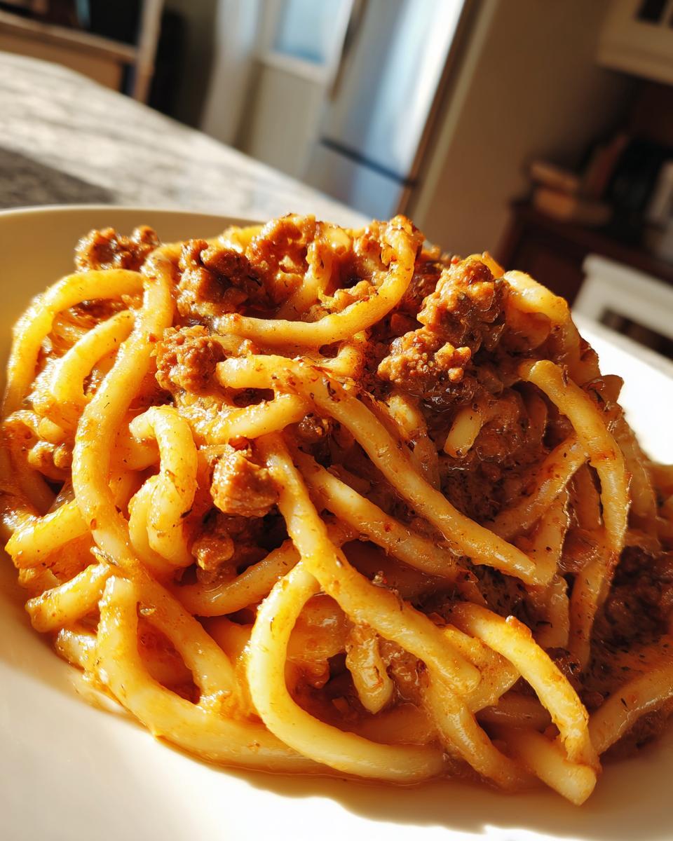 Nahaufnahme von Schupfnudeln mit Hackfleisch und cremiger Sauce, serviert auf einem weißen Teller.