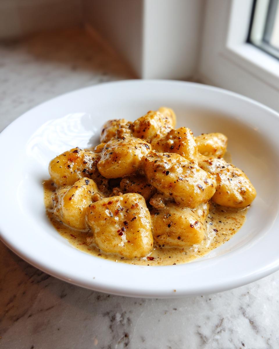 Goldbraune Schupfnudeln mit Hackfleischrahm-Soße, reichlich gewürzt, in einer weißen Schüssel.