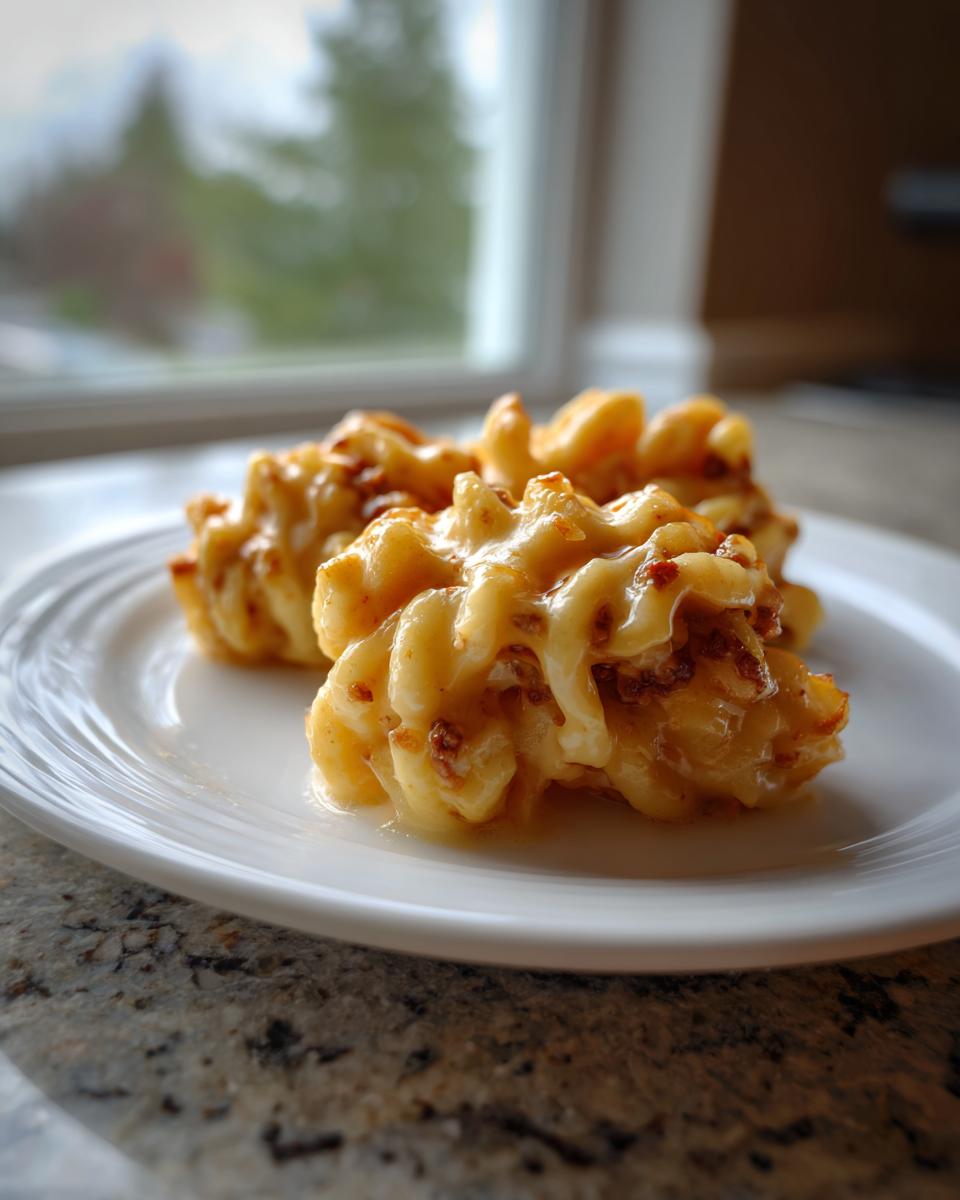 Nahaufnahme von zwei Portionen Schupfnudeln mit Hackfleischrahm, cremig und goldbraun auf einem weißen Teller.