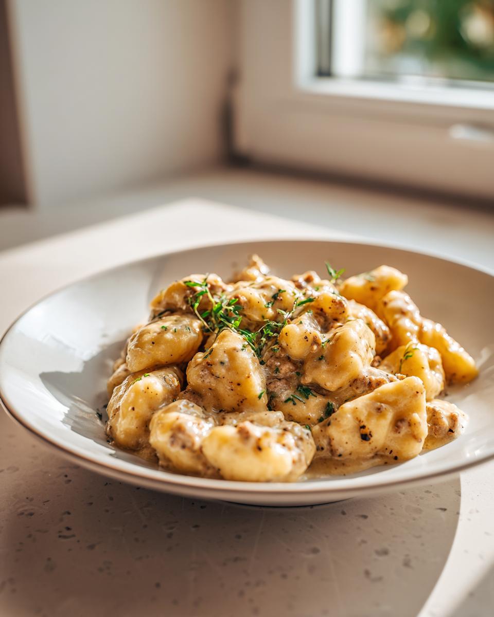 Teller mit cremigen Schupfnudeln mit Hackfleischrahm, garniert mit frischen Kräutern.