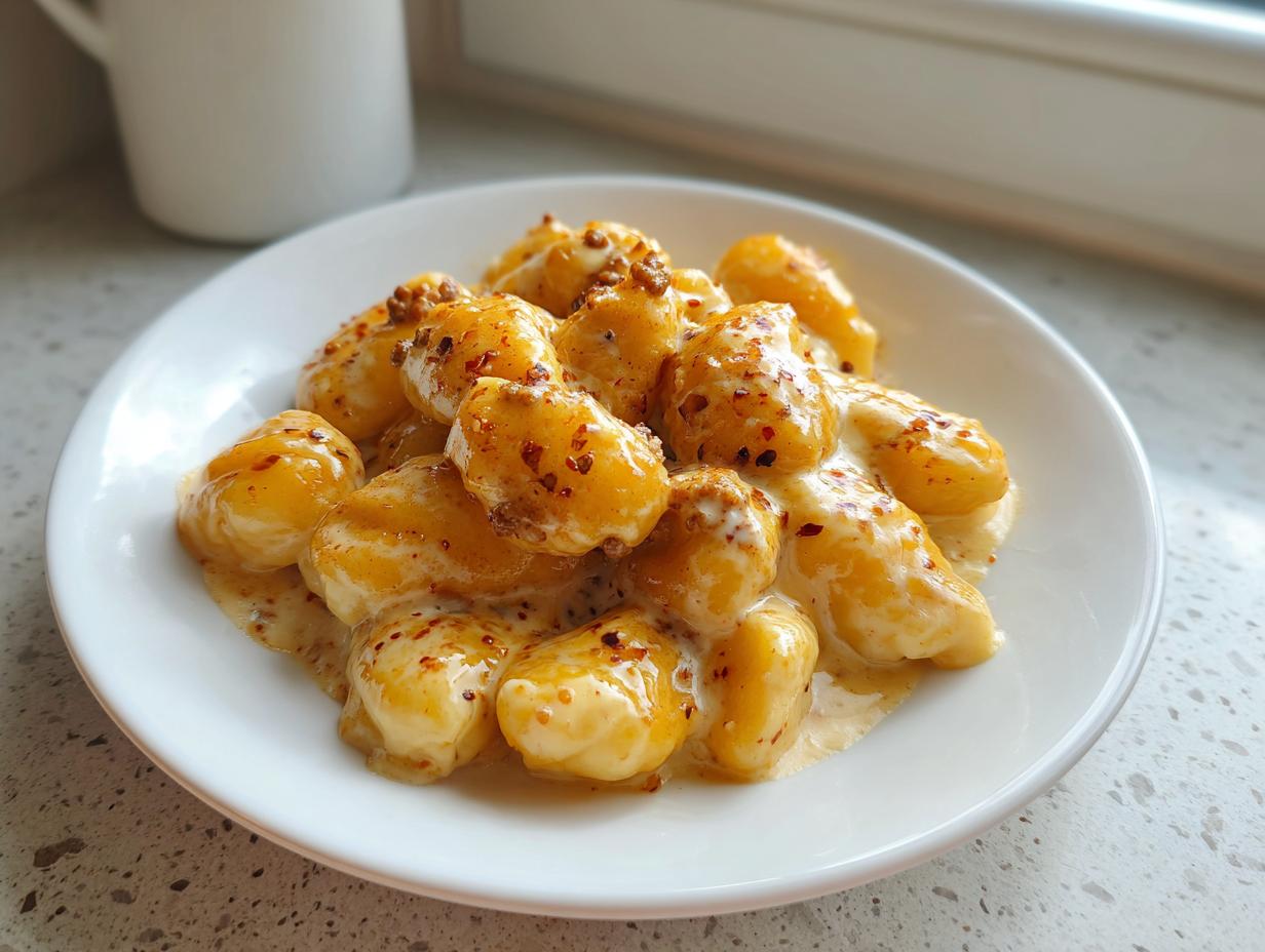 Ein Teller mit cremigen Schupfnudeln mit Hackfleischrahm, garniert mit Chili und Senfkörnern.