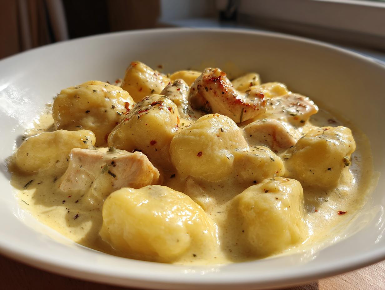 Eine Schale mit cremigen Schupfnudeln mit Hähnchen in Knoblauchrahm, appetitlich gewürzt.