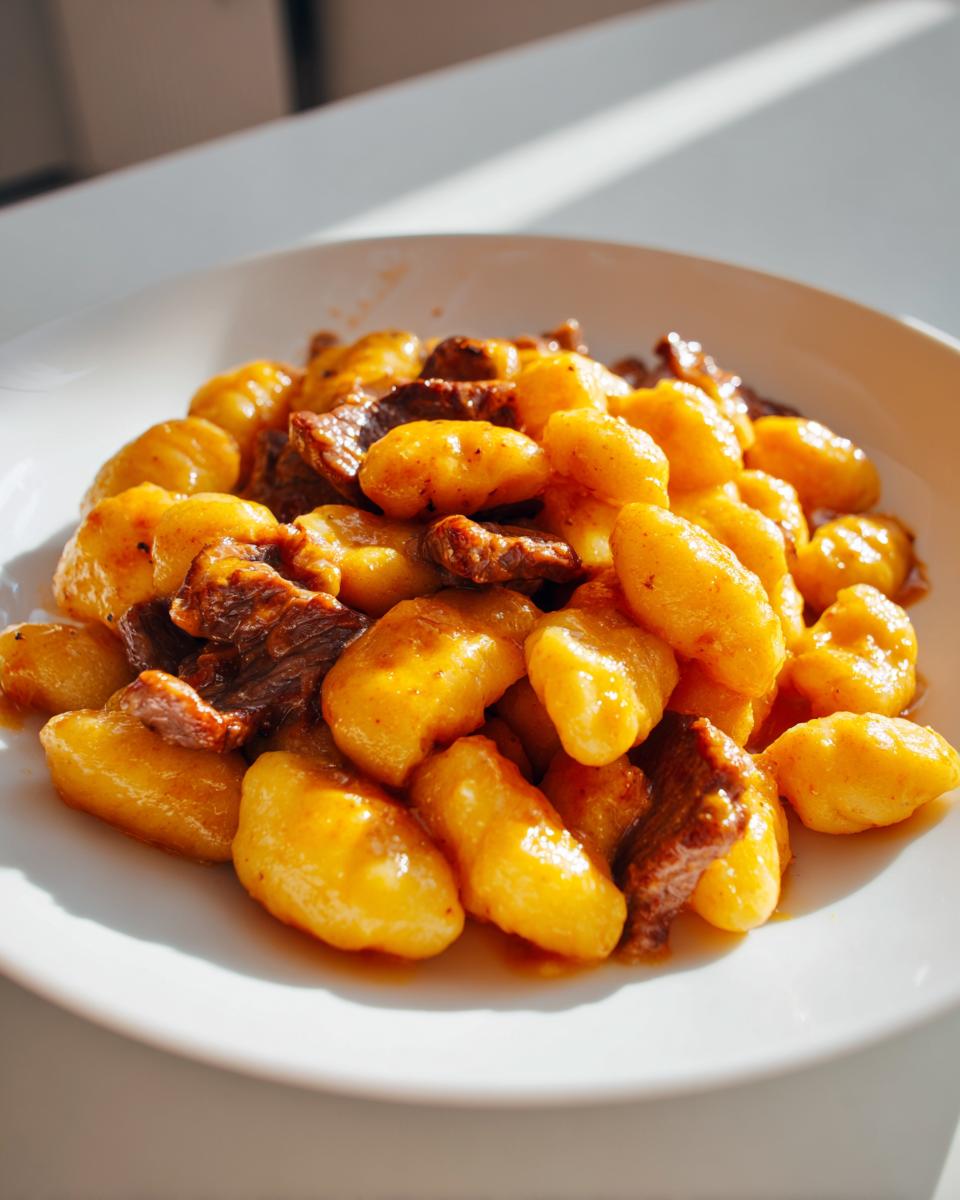 Teller mit goldbraunen Schupfnudeln und saftigen Rinderstreifen in cremiger Sauce.