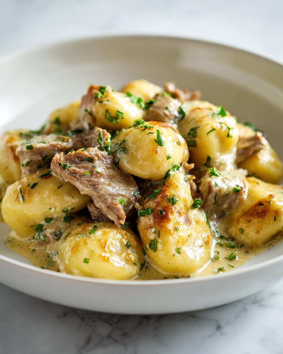 Nahaufnahme von goldbraunen Schupfnudeln mit zarten Rinderstreifen in einer cremigen Sahnesauce, bestreut mit Petersilie.