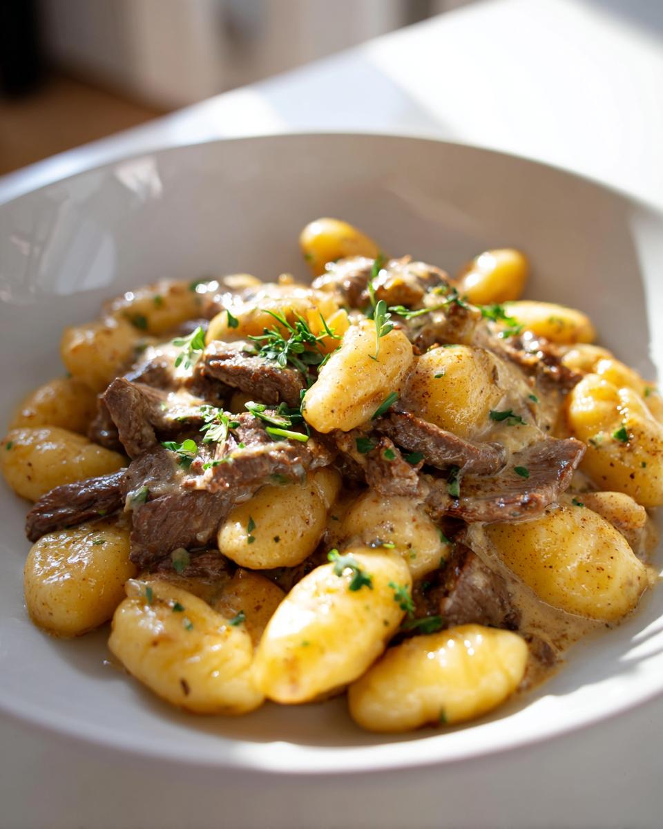 Teller mit goldbraunen Schupfnudeln und saftigen Rinderstreifen in cremiger Sahnesoße, garniert mit frischen Kräutern.