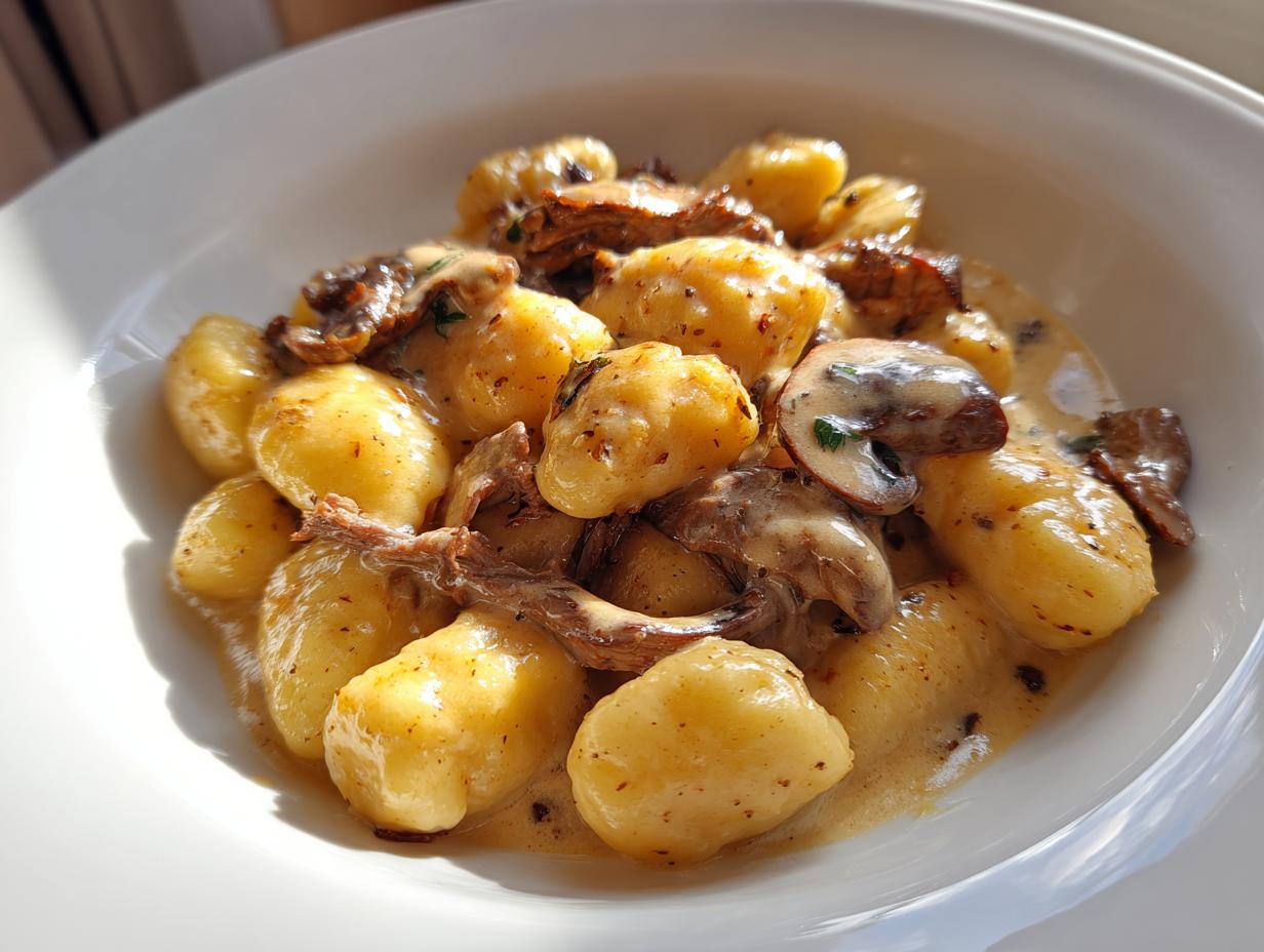 Goldbraune Schupfnudeln mit Rinderstreifen in cremiger Sahnesoße und Pilzen in einer weißen Schüssel.