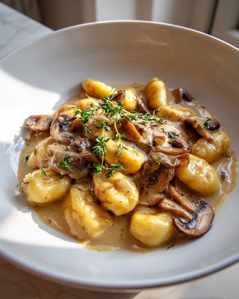 Nahaufnahme von Schupfnudeln mit Rinderstreifen in Sahne und Pilzen, garniert mit frischem Thymian.