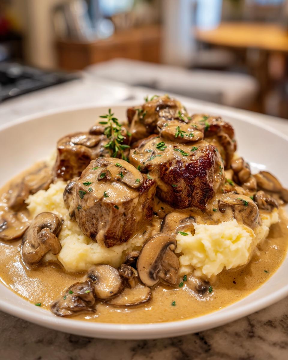 Zartes Schweinefilet in Pilzrahmsoße auf cremigem Kartoffelstampf, garniert mit frischen Kräutern.