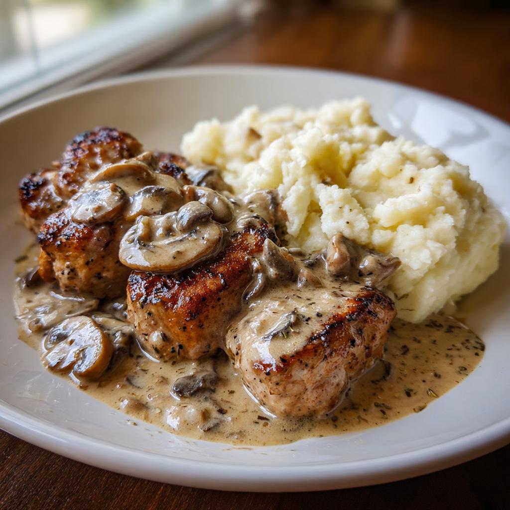 Zart gebratenes Schweinefilet in cremiger Pilzrahmsoße mit frischem Kartoffelstampf.