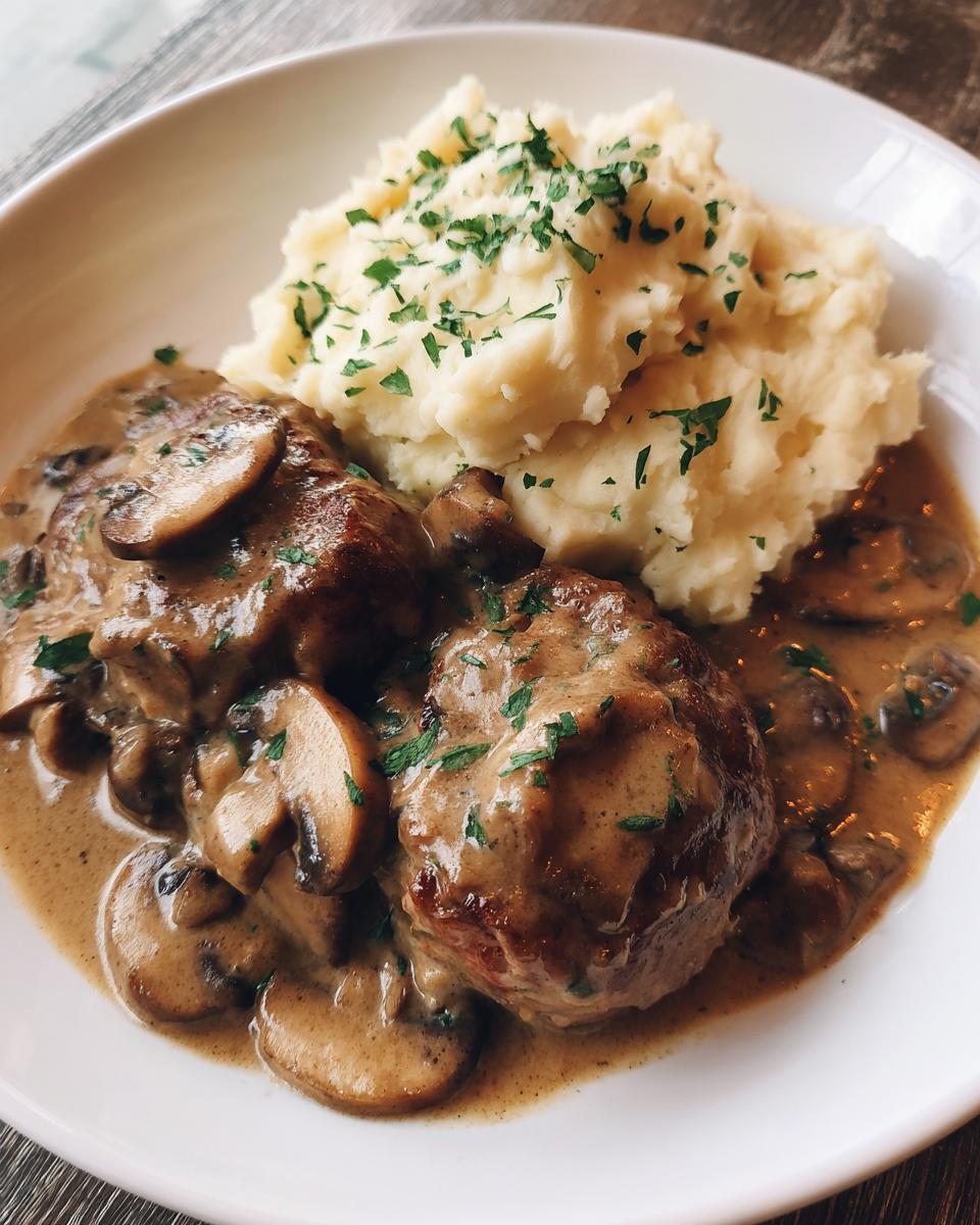 Zwei Stücke Schweinefilet in cremiger Pilzrahmsoße mit Champignons und Kartoffelstampf.