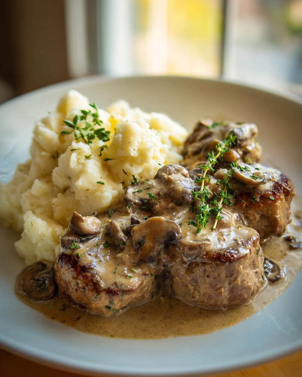 Zartes Schweinefilet in cremiger Pilzrahmsoße mit Kartoffelstampf, garniert mit Thymian.