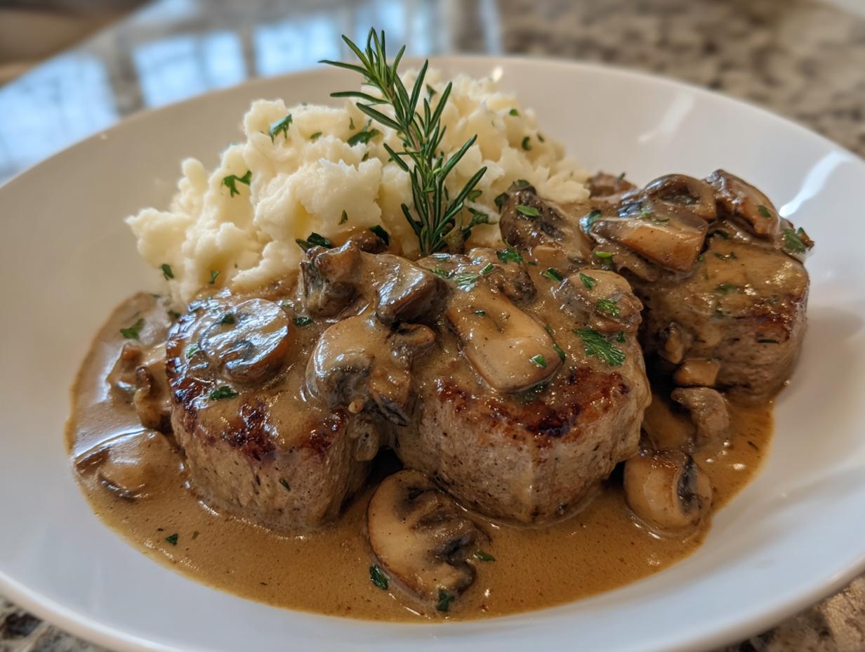 Zwei Medaillons vom Schweinefilet in Pilzrahm mit Kartoffelstampf, garniert mit Rosmarin.