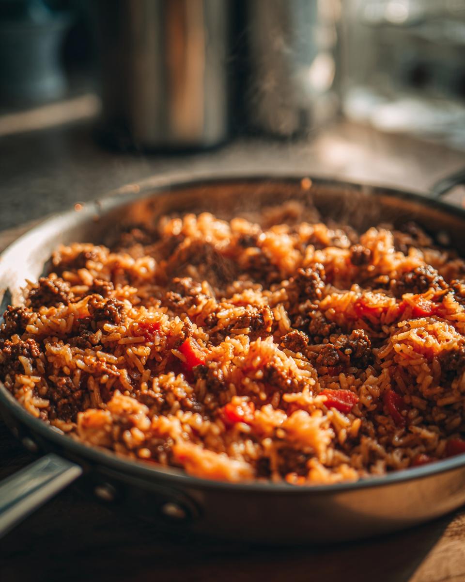 Nahaufnahme der dampfenden Serbische Reis-Hackfleisch-Pfanne mit viel Hackfleisch und Reis in einer Metallpfanne.