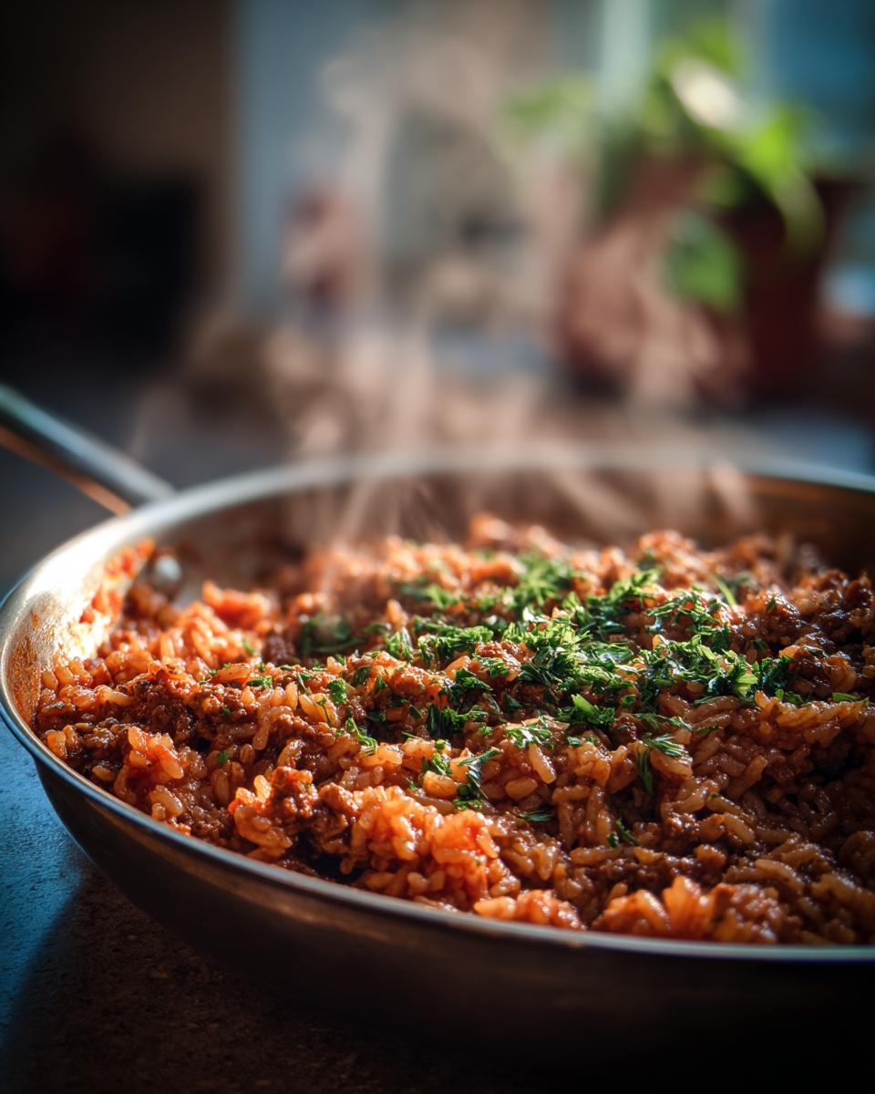 Nahaufnahme einer dampfenden Serbische Reis-Hackfleisch-Pfanne, garniert mit frischer Petersilie in einer Metallpfanne.