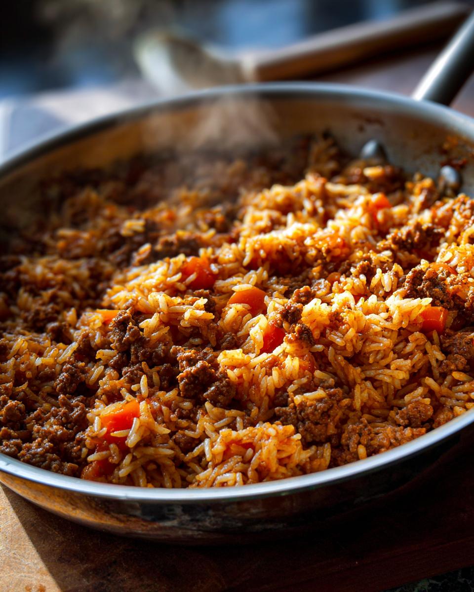 Nahaufnahme der dampfenden Serbische Reis-Hackfleisch-Pfanne mit gewürztem Hackfleisch und Reis.