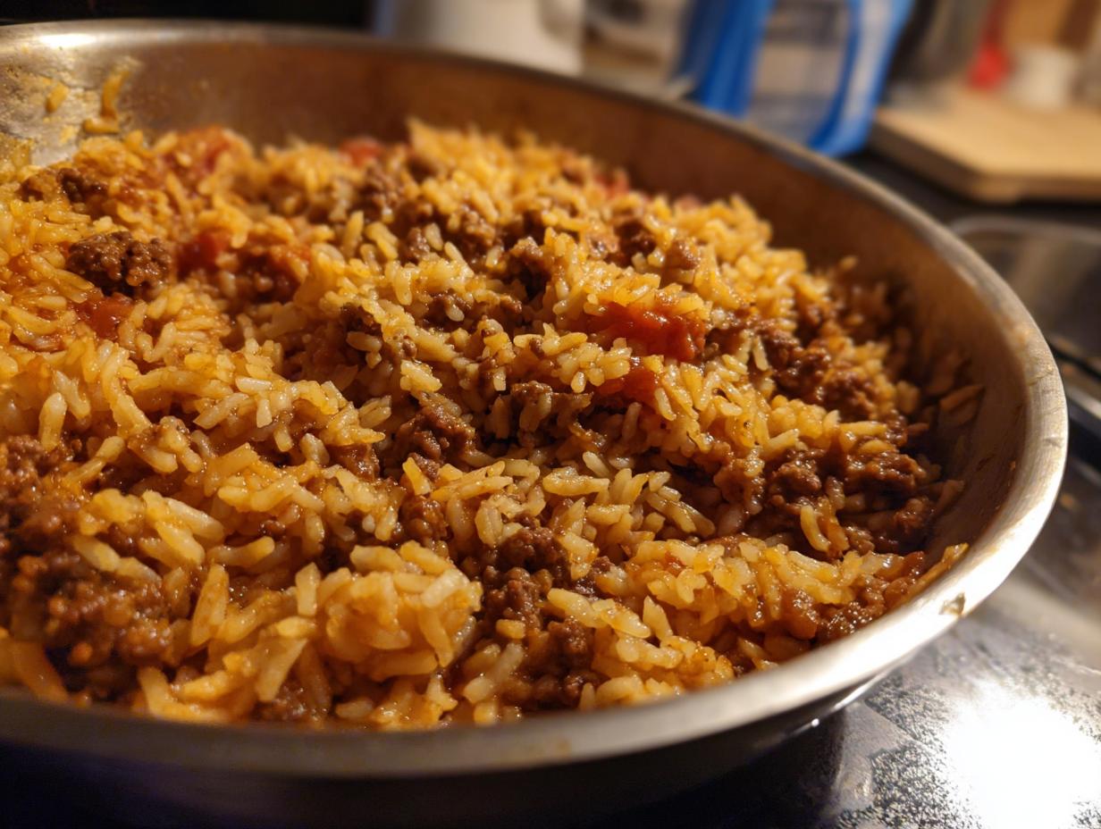Nahaufnahme der fertigen Serbische Reis-Hackfleisch-Pfanne mit saftigem Reis und Hackfleisch in einer Metallpfanne.