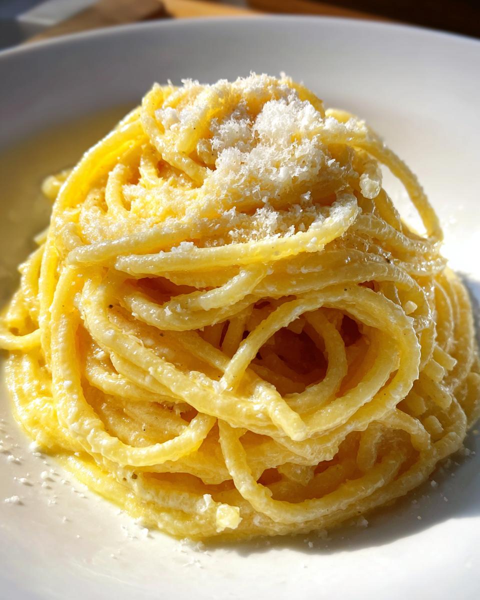 Nahaufnahme von perfekt cremigen Spaghetti mit Butter und Pecorino, bestreut mit geriebenem Käse.